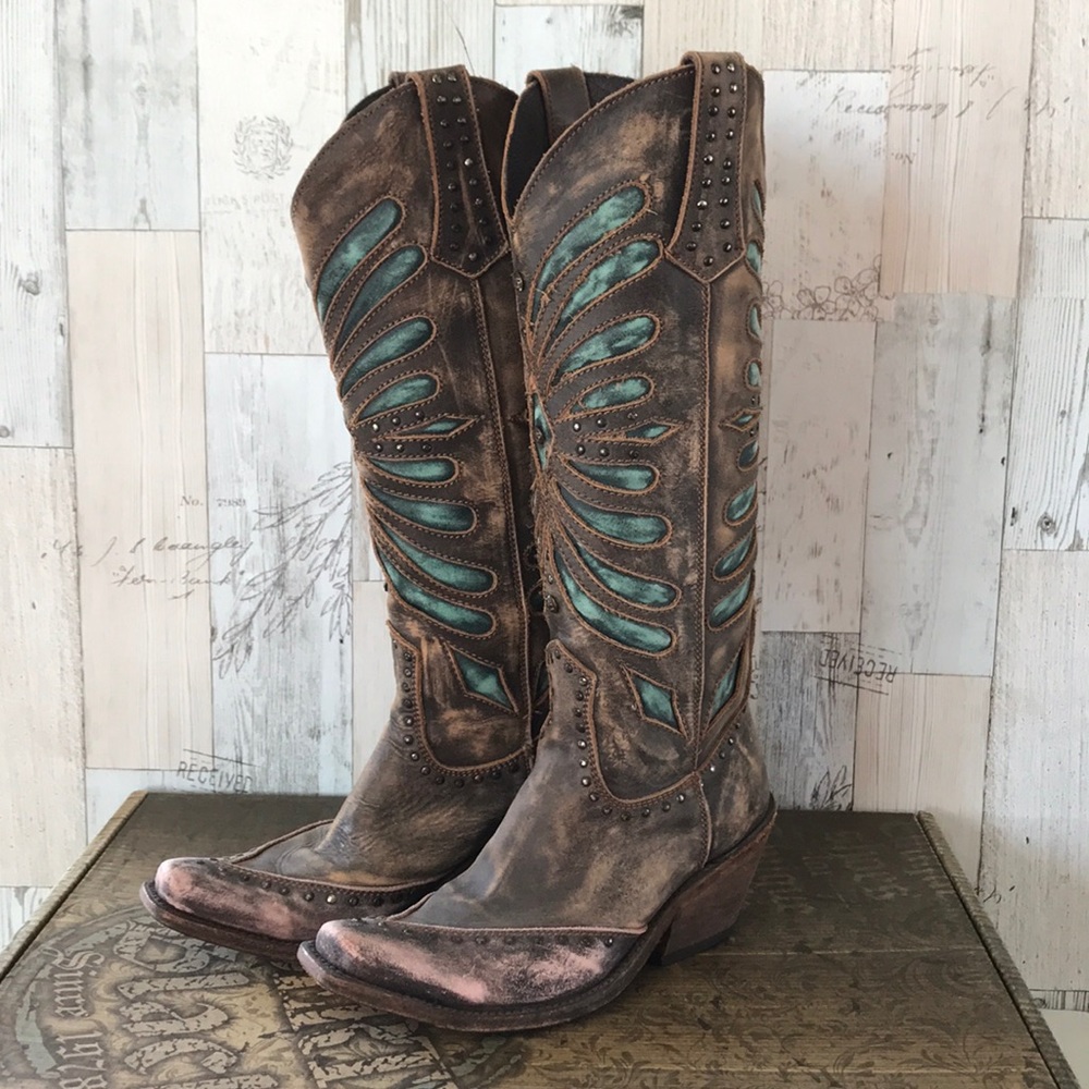 LIBERTY BLACK Cowboy Western Laser Cut Heel Boot